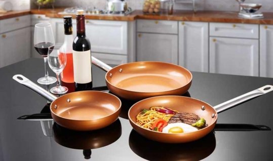 SET 3 SARTENES ANTIADHERENTES DE COBRE + 2 TAPAS DE CRISTAL 🎁